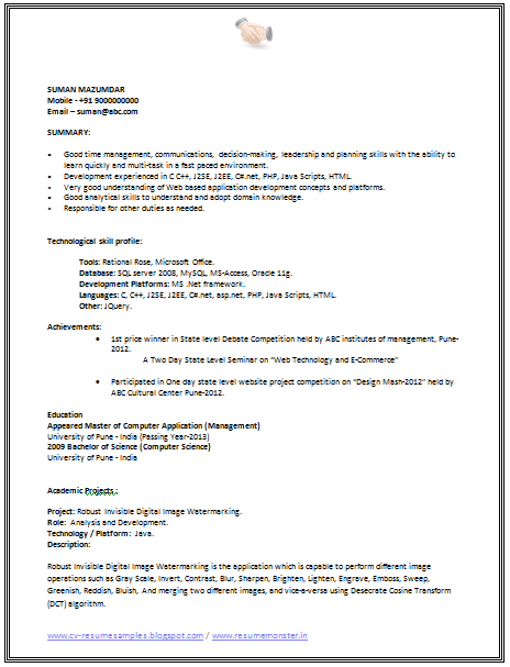 Resume formate for software testing